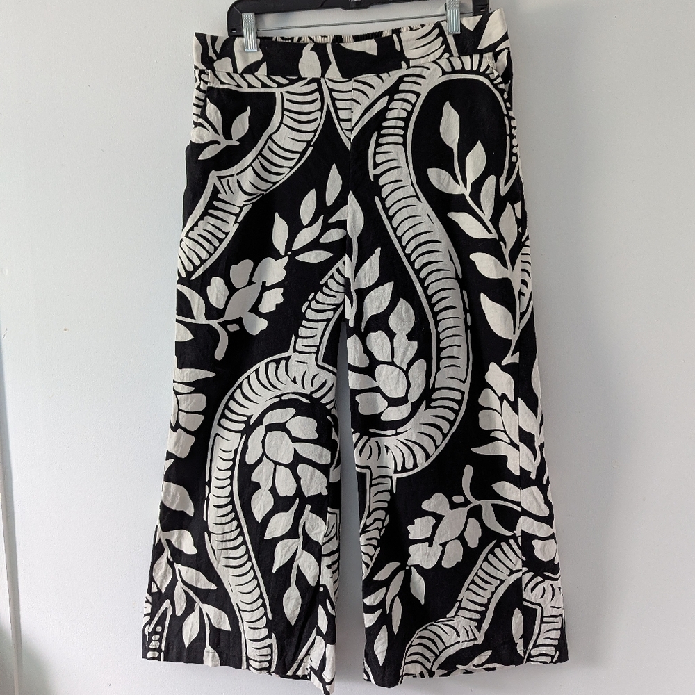 Christian Siriano Linen Blend Black White Print Cropped Pants Wide Leg XL